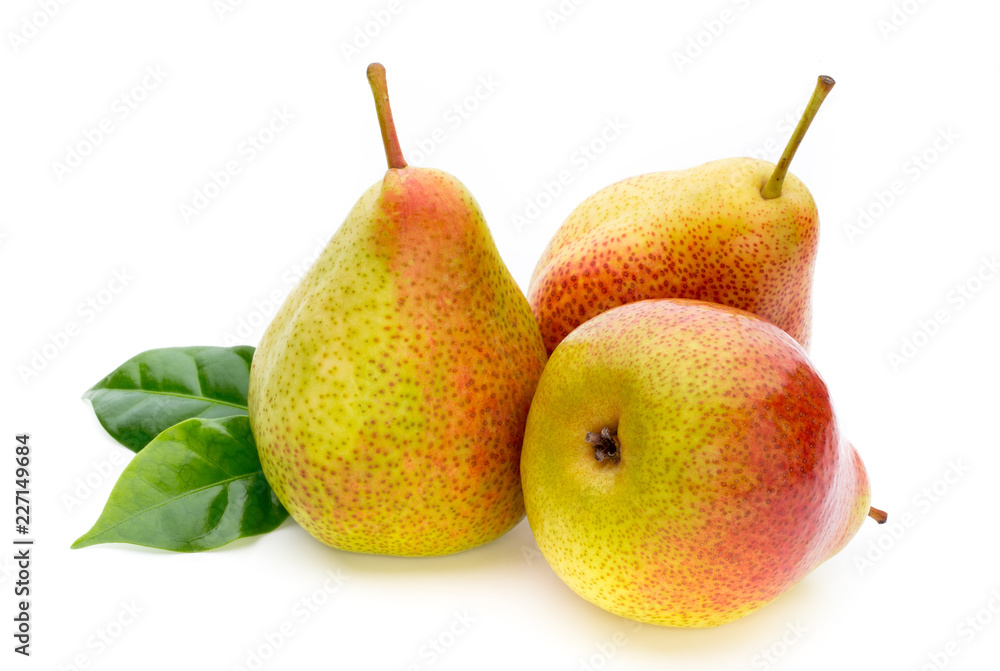 Fresh bio pear with leaves on isolated white background. Fresh bio pear with leaves on isolated white background.