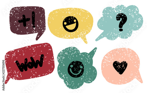 Hand drawn callout clouds with various marks inside for backdrops. Vector textured multi color elements for designs. Simple textured background elements.