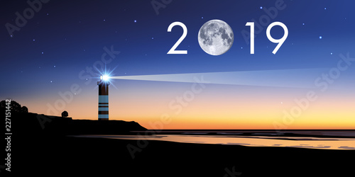 Carte de voeux 2019 avec un phare, symbole du repère à suivre pour choisir la bonne direction pour relever les défis de la nouvelle année