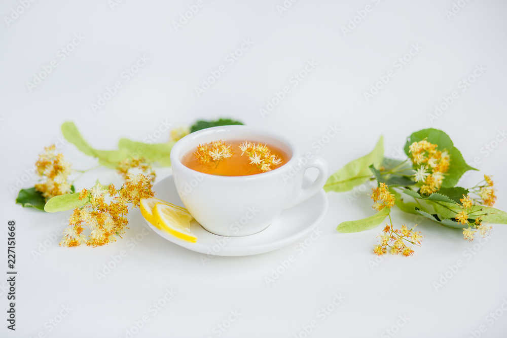 Linden inflorescences, herbal tea, view from high angle Linden inflorescences, herbal tea, view from high angle
