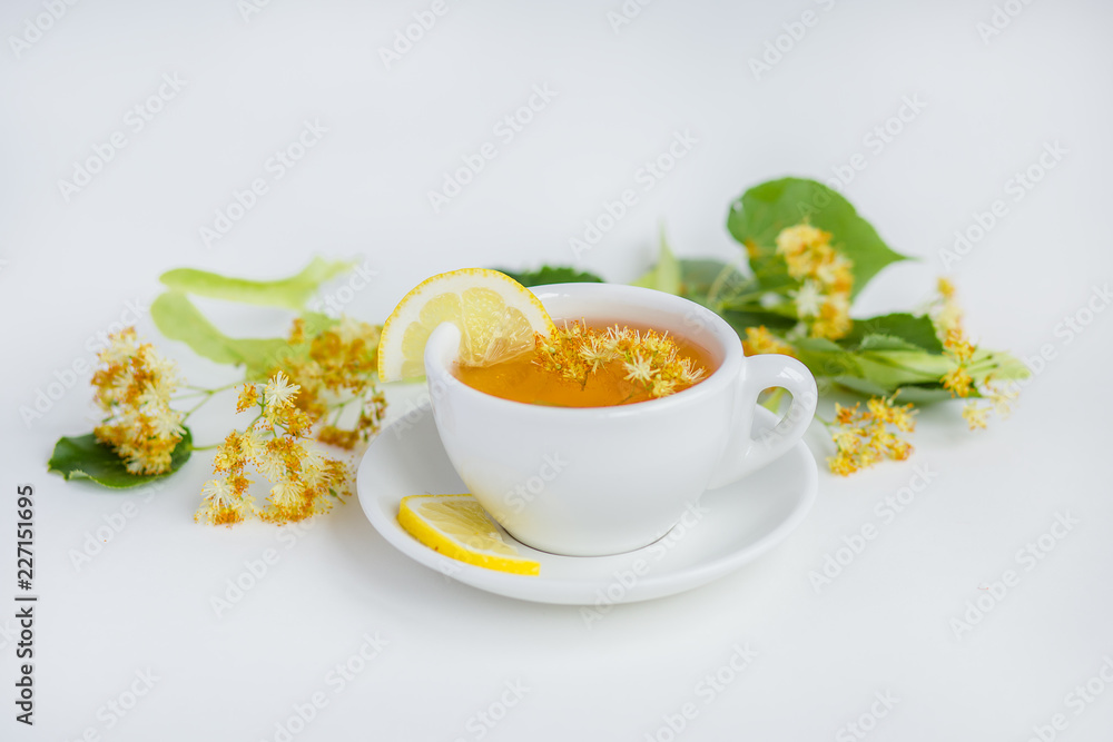 Linden inflorescences, herbal tea, view from high angle Linden inflorescences, herbal tea, view from high angle