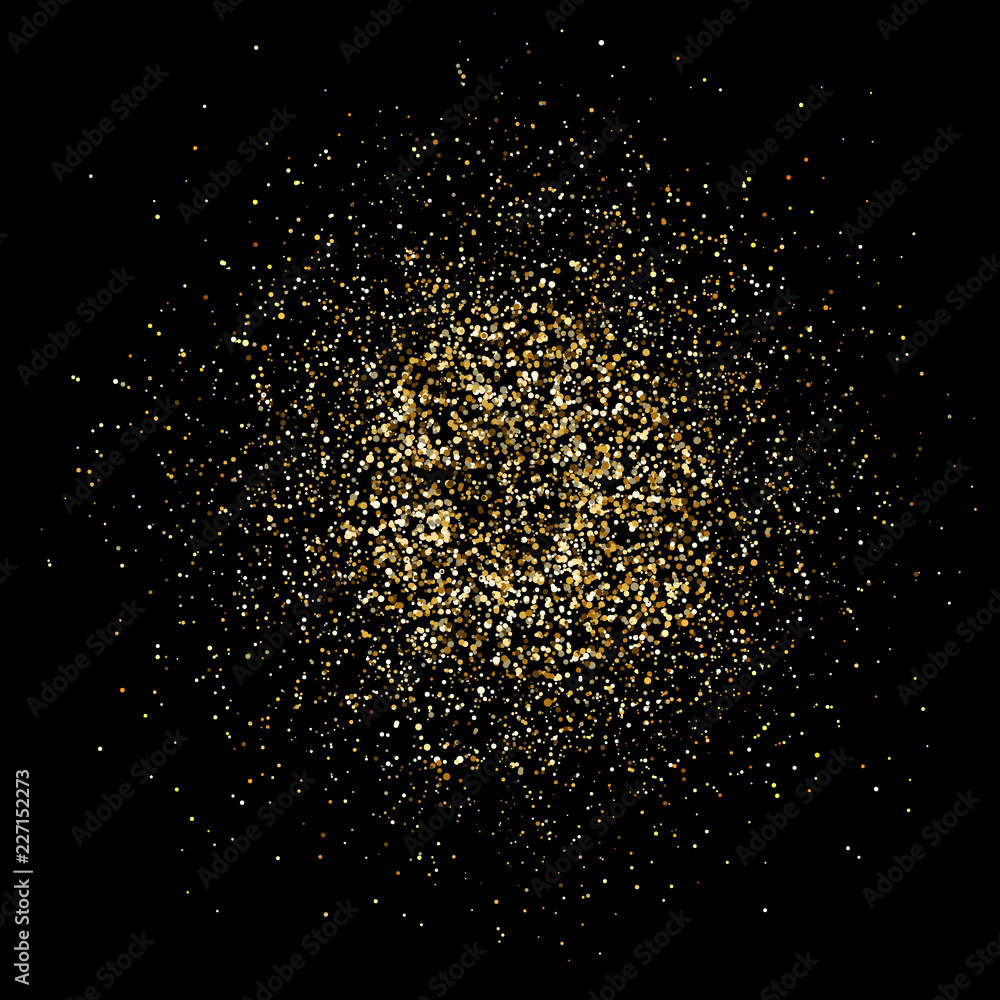 Golden glitter explosion. Bright dust splash. Gold glitter particles