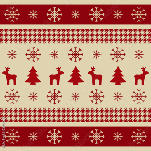 Christmas wrapping paper with reindeers, xmas trees and snowflakes. Bright Christmas texture for wallpaper, web banner, print. Winter design elements. Vector illustration