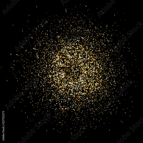 Golden glitter explosion. Bright dust splash. Gold glitter particles splatter. Sparkling firework on black background. Vector illustration