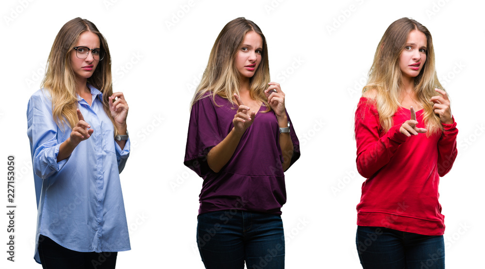 Collage of young beautiful blonde woman over isolated background disgusted expression, displeased and fearful doing disgust face because aversion reaction. With hands raised. Annoying concept. Collage of young beautiful blonde woman over isolated background disgusted expression, displeased and fearful doing disgust face because aversion reaction. With hands raised. Annoying concept.
