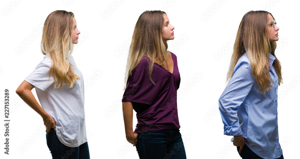 Collage of young beautiful blonde woman over isolated background looking to side, relax profile pose with natural face with confident smile. Collage of young beautiful blonde woman over isolated background looking to side, relax profile pose with natural face with confident smile.