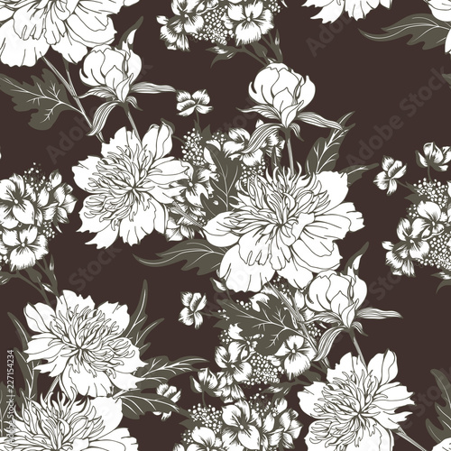 Vintage flowers peonies. Seamless pattern. Vector Illustration for phone case, fabrics, textiles, interior design, cover, paper, gift packaging.