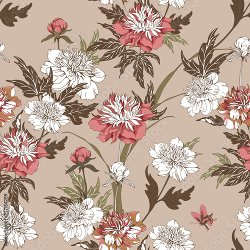 Vintage flowers peonies. Seamless pattern. Vector Illustration for phone case, fabrics, textiles, interior design, cover, paper, gift packaging.