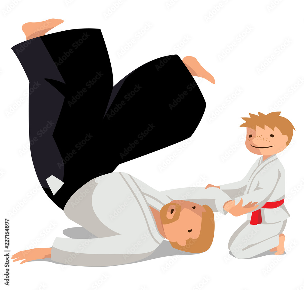Vector illustration of a technique made in Suvari waza. A man in hakama and a boy in keikogi. Suitable for oriental martial arts such as aikido, judo, karate, jiu-jitsu, budo Vector illustration of a technique made in Suvari waza. A man in hakama and a boy in keikogi. Suitable for oriental martial arts such as aikido, judo, karate, jiu-jitsu, budo