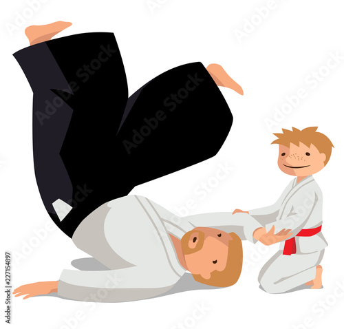 Vector illustration of a technique made in Suvari waza. A man in hakama and a boy in keikogi. Suitable for oriental martial arts such as aikido, judo, karate, jiu-jitsu, budo