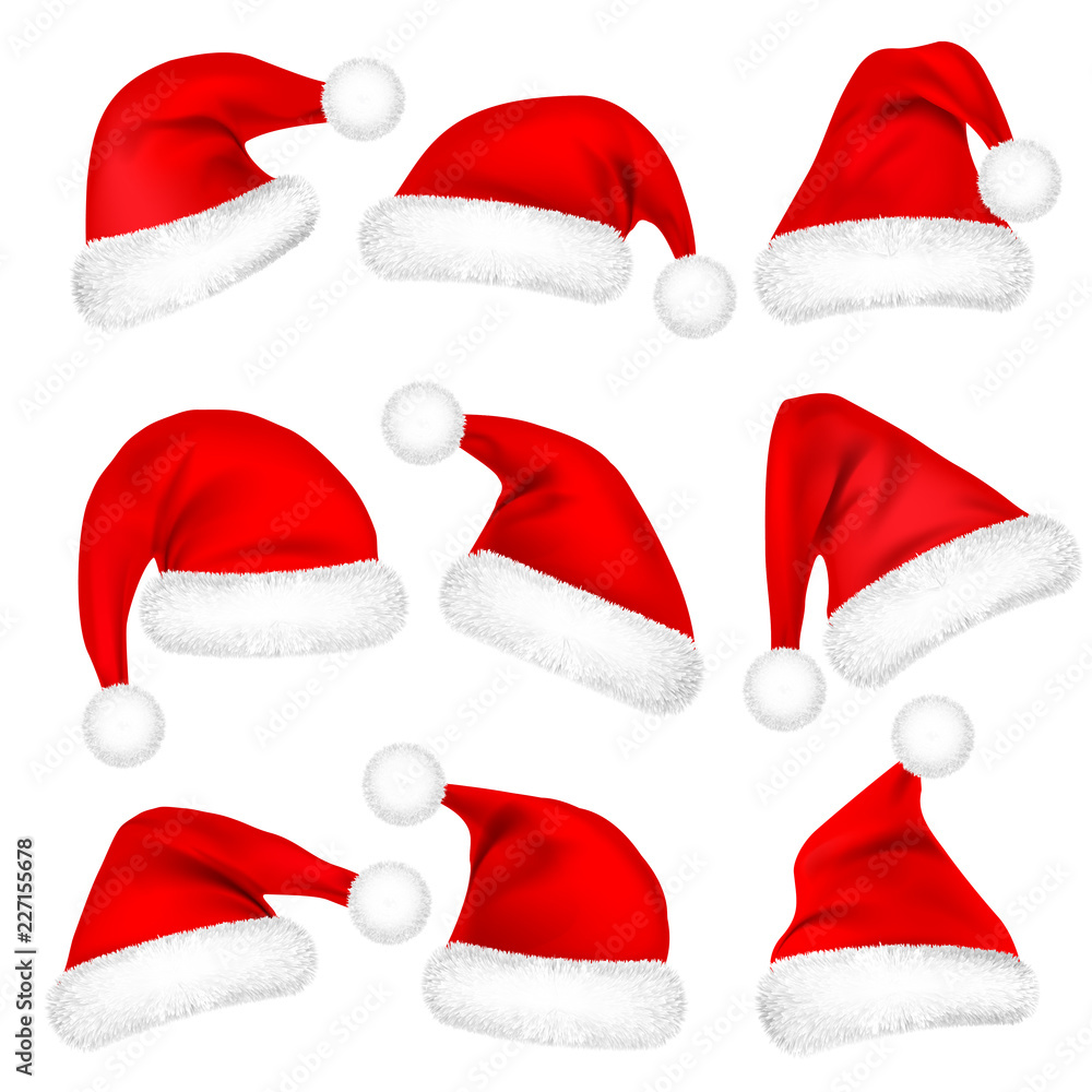 Christmas Santa Claus Hats With Fur Set. New Year Red Hat Isolated on White Background. Winter Cap. Vector illustration. Christmas Santa Claus Hats With Fur Set. New Year Red Hat Isolated on White Background. Winter Cap. Vector illustration.