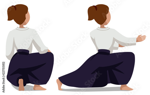 Vector illustration of a woman in hakama. The basic movement Suvari-vaza Mae-sikko view from the back. Suitable for oriental martial arts such as aikido, judo, karate, jiu-jitsu, budo