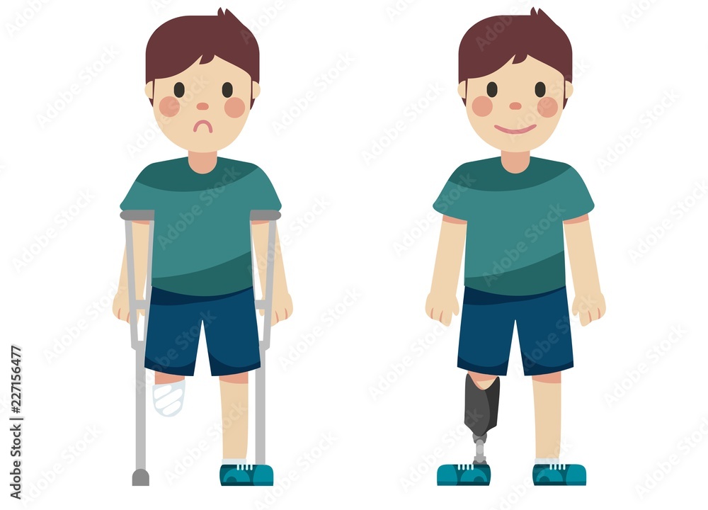 Disabled boy with prosthetic leg and crutches Disabled boy with prosthetic leg and crutches