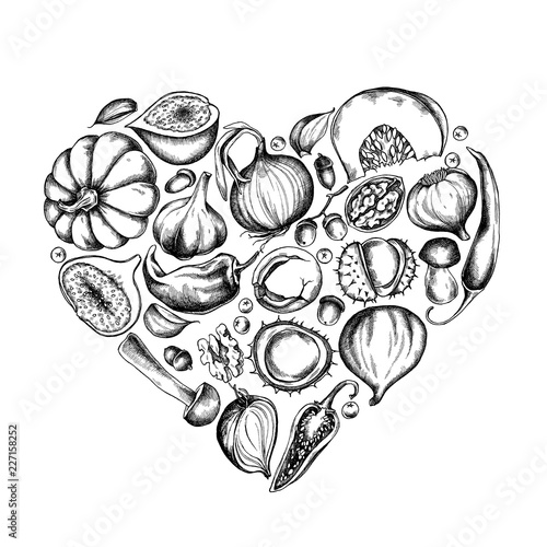 Vector collection of hand drawn autumn vegetables shape of heart