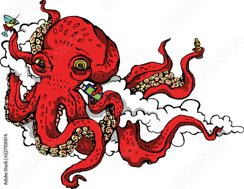 The stylized image of drunk the octopus with the device for vaping and martini glass in his hands. Sea creature in the smoke clouds
