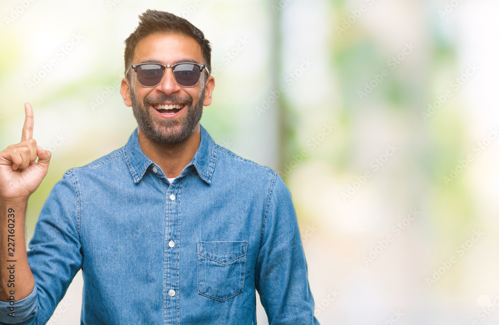 Adult hispanic man wearing sunglasses over isolated background pointing finger up with successful idea. Exited and happy. Number one. Adult hispanic man wearing sunglasses over isolated background pointing finger up with successful idea. Exited and happy. Number one.