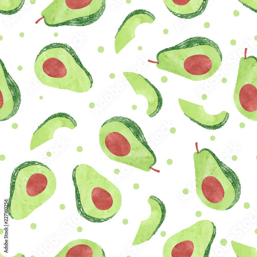 Seamless watercolor avocado pattern. Vector fruit background.