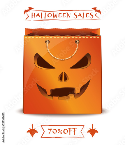 Orange paper shopping bag for Halloween. Discount 70 percent off. Big Halloween sales. Vector illustration