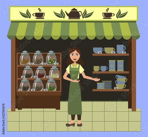 A small shop selling tea and tableware for tea with a cute saleswoman.