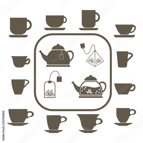 A set of 12 cups of various shapes, two teapots and tea bags.