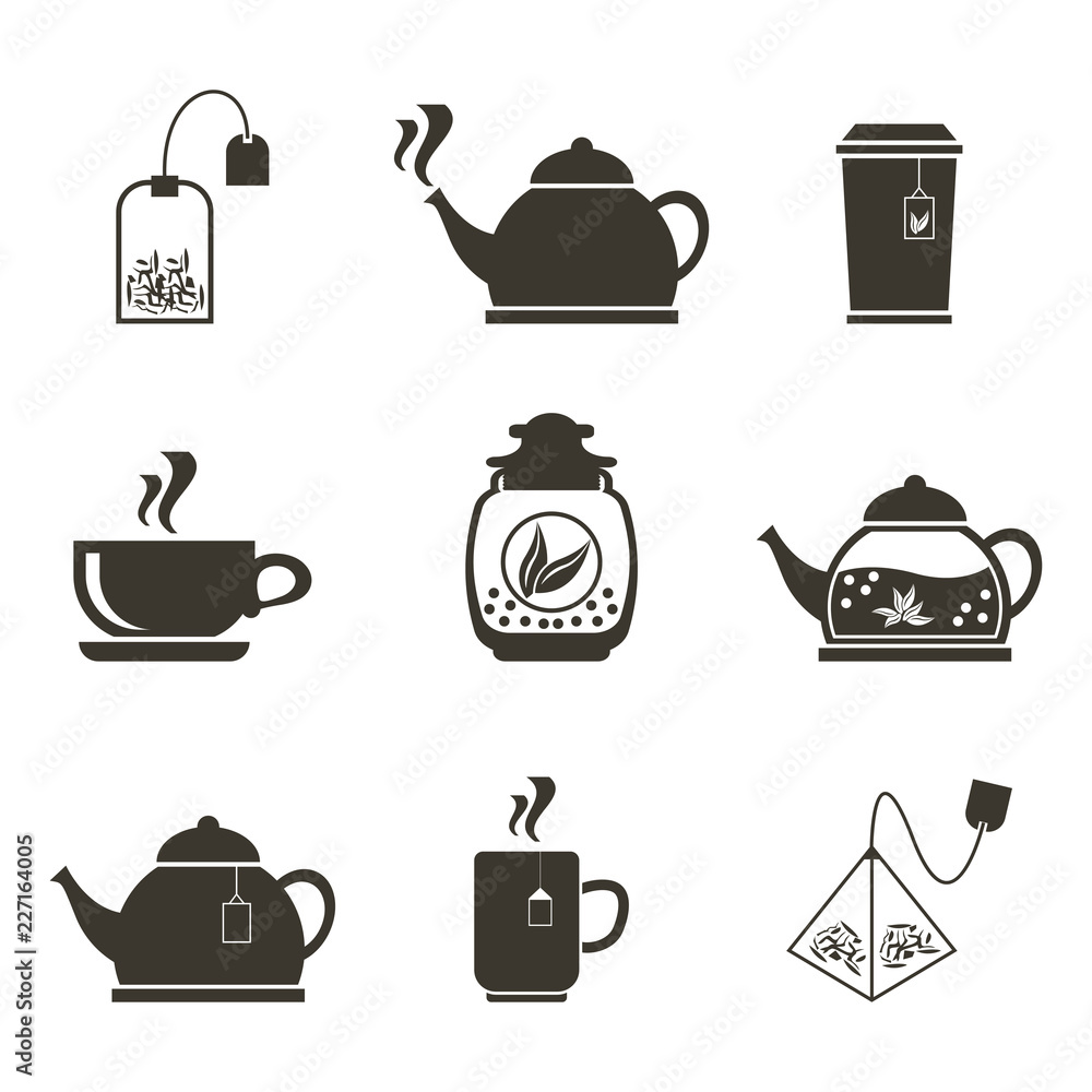 Set of 9 icons for tea drinking. Dishes and various teas. Set of 9 icons for tea drinking. Dishes and various teas.