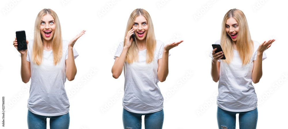 Collage of young beautiful blonde casual woman using smartphone over isolated background very happy and excited, winner expression celebrating victory screaming with big smile and raised hands Collage of young beautiful blonde casual woman using smartphone over isolated background very happy and excited, winner expression celebrating victory screaming with big smile and raised hands