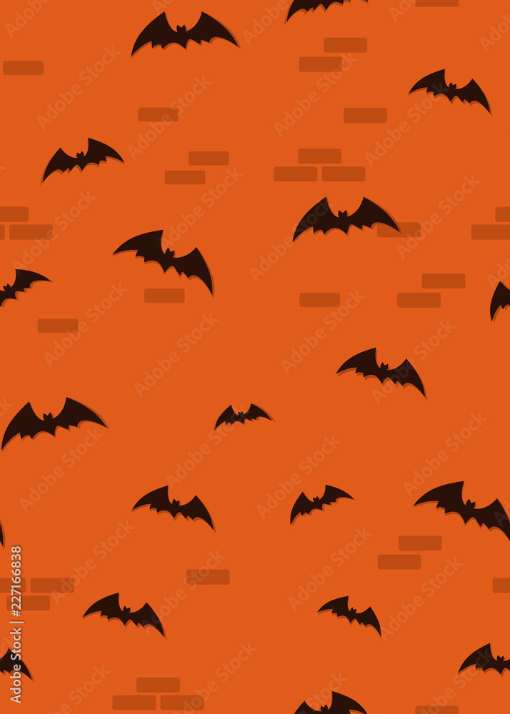 Seamless Halloween orange pattern with bats. Bats on a brick wall background. Black silhouettes of bats on an orange background. Vector illustration