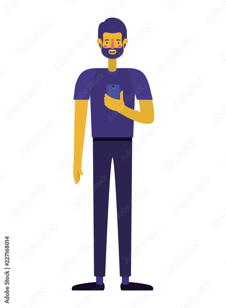 young man with beard and smartphone young man with beard and smartphone