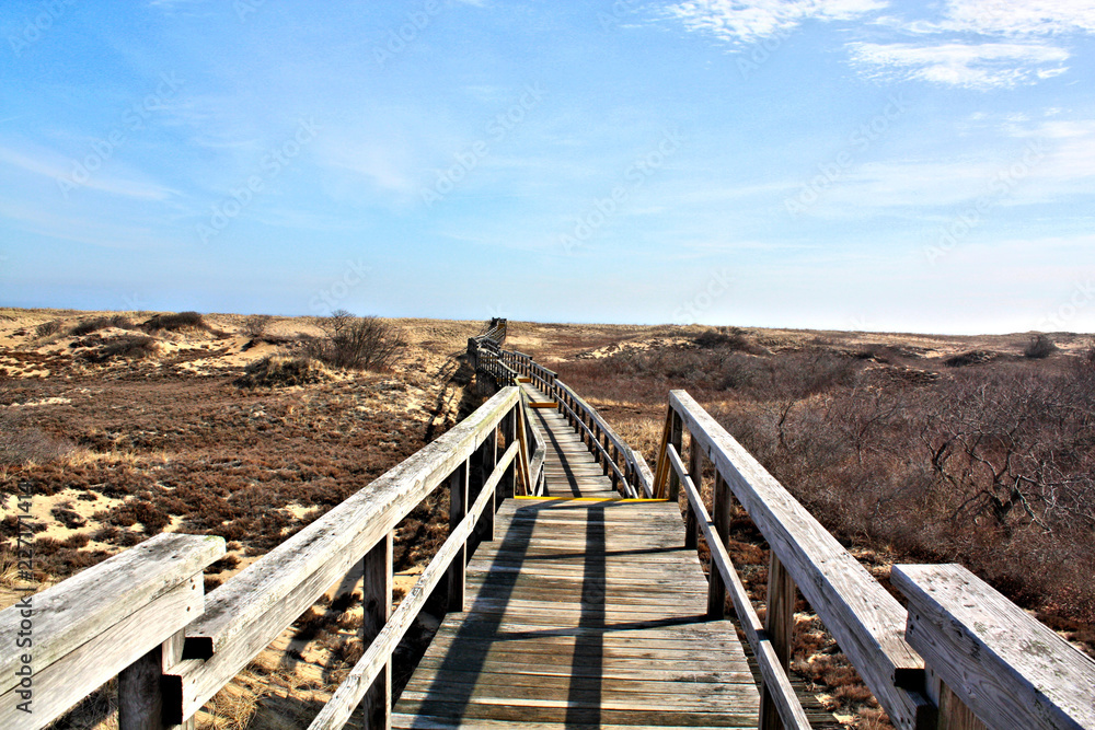 Safe walk over the Sand Dunes. This wooden walk way to the Atlantic Ocean was constructed to protect the sand dunes t plum Island Massachusetts USA  