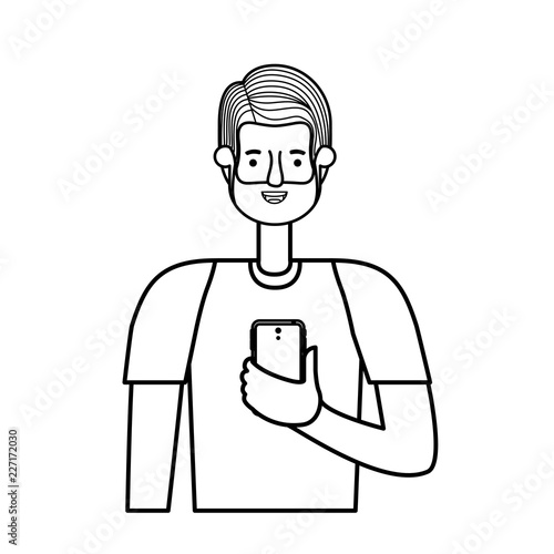 young man with beard and smartphone