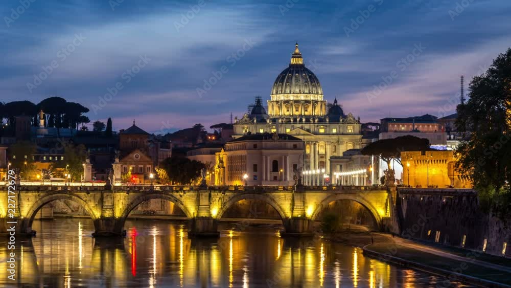 The Sant'Angelo bridge over the Tiber river. The St. Peter's Basilica is in the background. Day to night time lapse video. The Sant'Angelo bridge over the Tiber river. The St. Peter's Basilica is in the background. Day to night time lapse video.