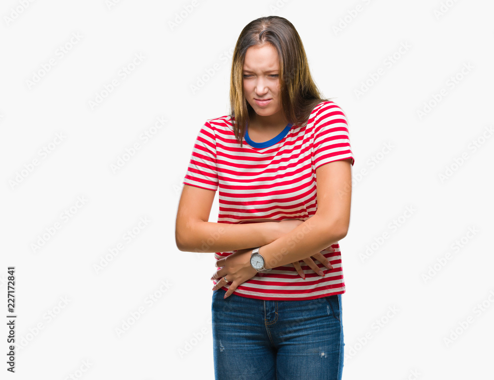 Young caucasian beautiful woman over isolated background with hand on stomach because nausea, painful disease feeling unwell. Ache concept. Young caucasian beautiful woman over isolated background with hand on stomach because nausea, painful disease feeling unwell. Ache concept.