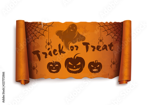 Halloween design. Trick or treat - text on scroll greeting ribbon. Halloween greeting on an old twisted tape. Vintage curved orange banner. Vector illustration isolated on white background