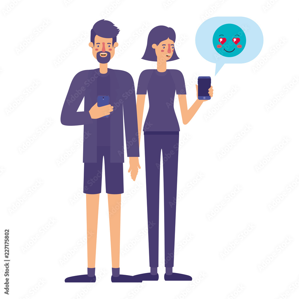 couple using smartphone with speech bubble