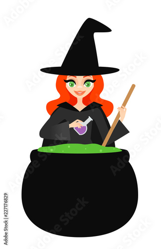 Vector illustration of a witch stirring a bubbling green potion