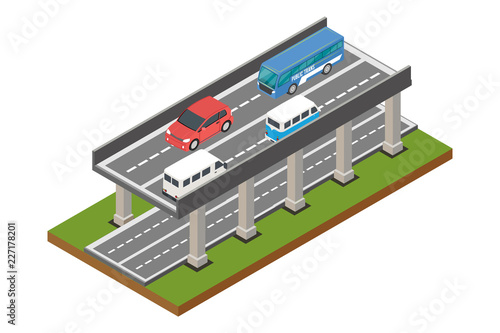 isometric bridges and vehicles, vector illustrations