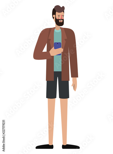young man with beard and smartphone