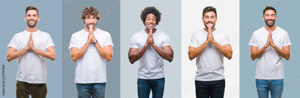 Collage of group of handsome hispanic, indian and arab men over vintage background praying with hands together asking for forgiveness smiling confident. Collage of group of handsome hispanic, indian and arab men over vintage background praying with hands together asking for forgiveness smiling confident.