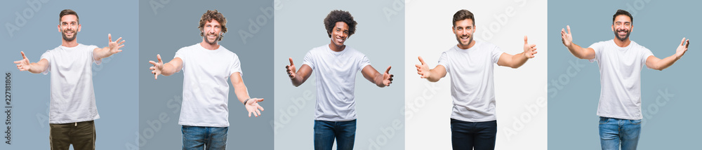 Collage of group of handsome hispanic, indian and arab men over vintage background looking at the camera smiling with open arms for hug. Cheerful expression embracing happiness. Collage of group of handsome hispanic, indian and arab men over vintage background looking at the camera smiling with open arms for hug. Cheerful expression embracing happiness.