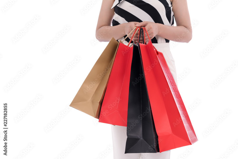 woman holding shopping bag isolated on white background