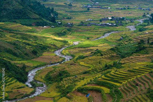 Mu Cang Chai terraces rice fields in harvest season