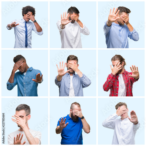 Collage of group of business and casual men over isolated background covering eyes with hands and doing stop gesture with sad and fear expression. Embarrassed and negative concept.