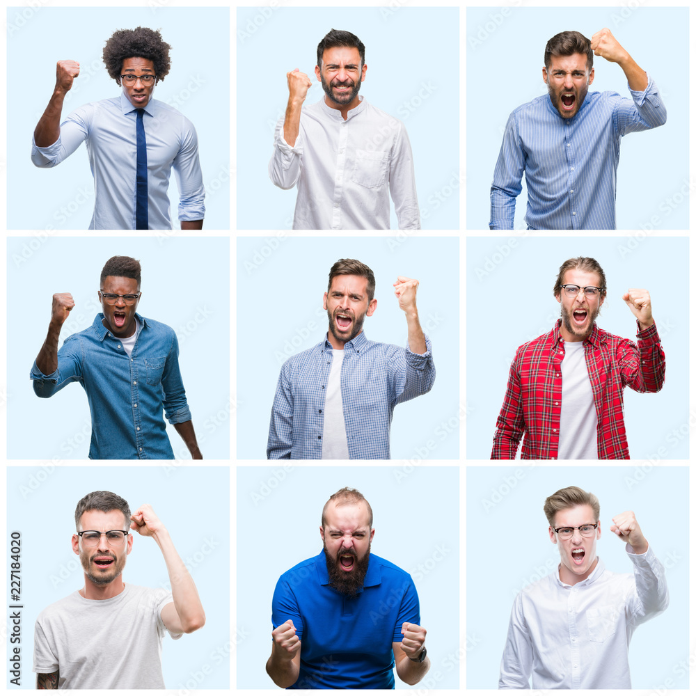 Fototapeta premium Collage of group of business and casual men over isolated background angry and mad raising fist frustrated and furious while shouting with anger. Rage and aggressive concept.