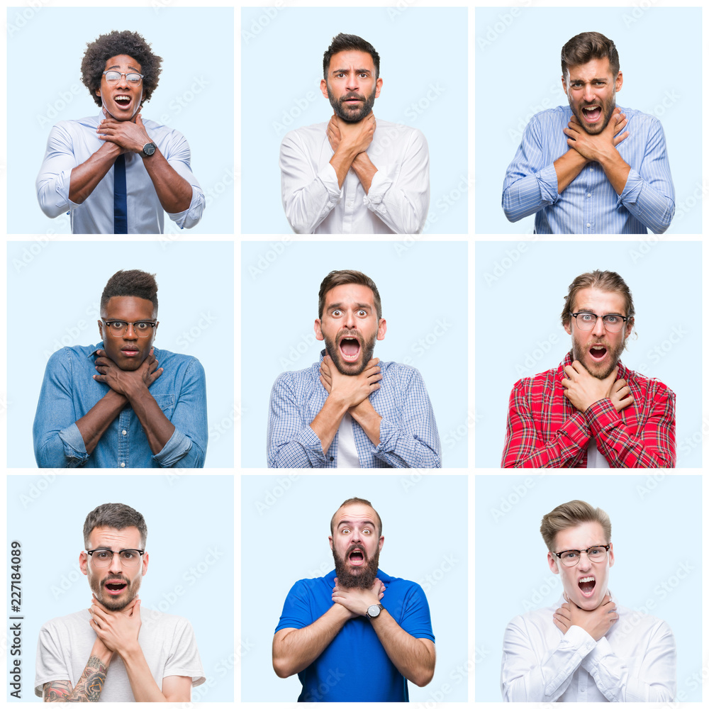 Collage of group of business and casual men over isolated background shouting and suffocate because painful strangle. Health problem. Asphyxiate and suicide concept. Collage of group of business and casual men over isolated background shouting and suffocate because painful strangle. Health problem. Asphyxiate and suicide concept.