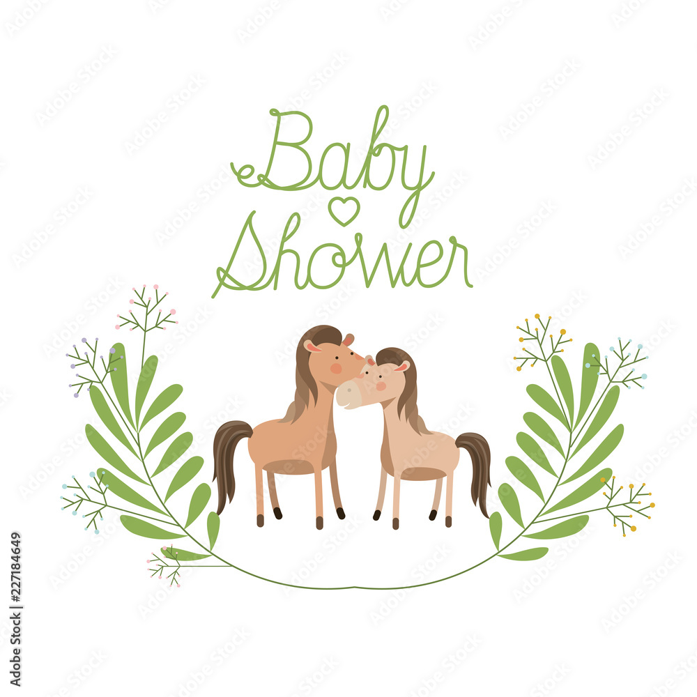 Fototapeta premium cute horses couple with wreath baby shower card