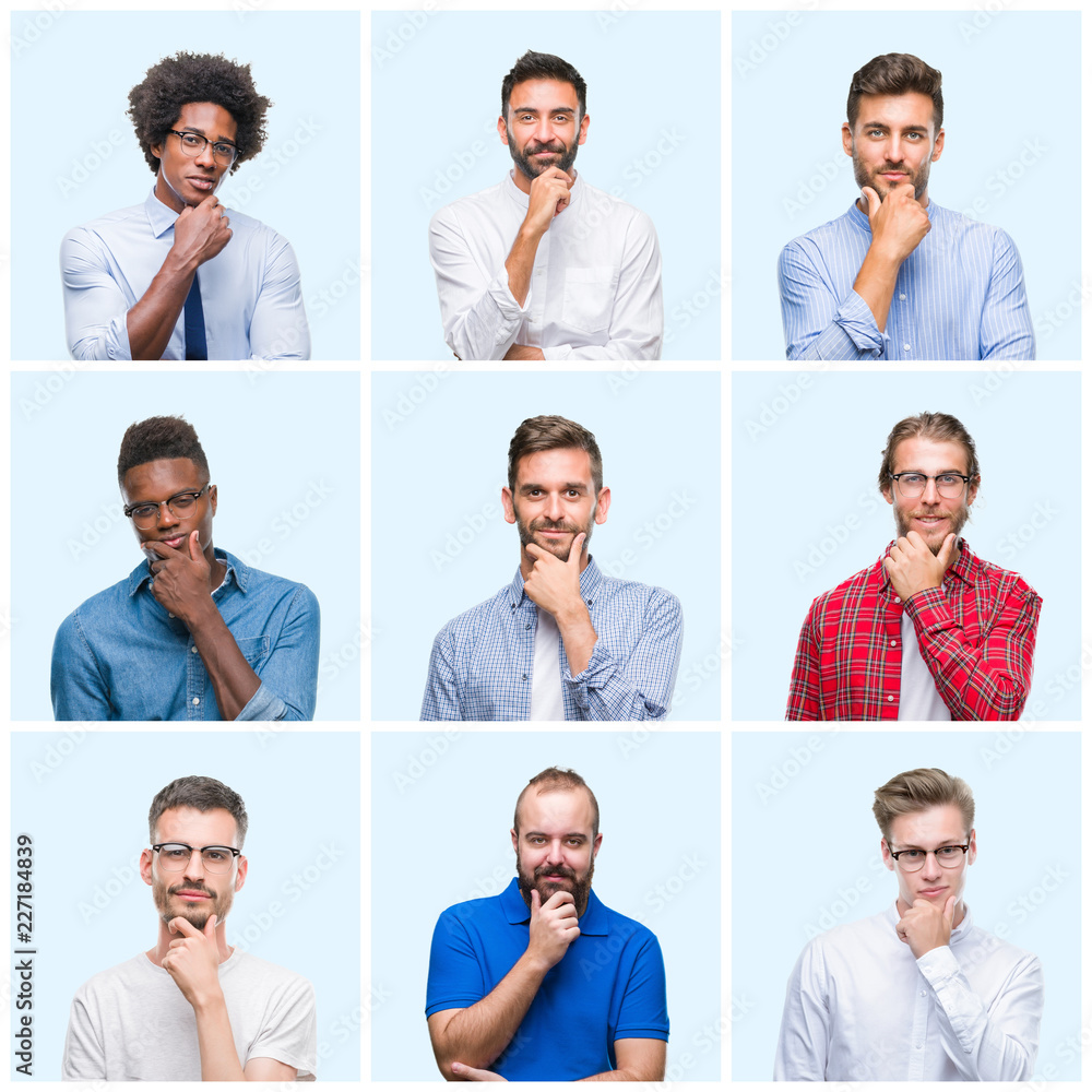 Fototapeta premium Collage of group of business and casual men over isolated background looking confident at the camera with smile with crossed arms and hand raised on chin. Thinking positive.