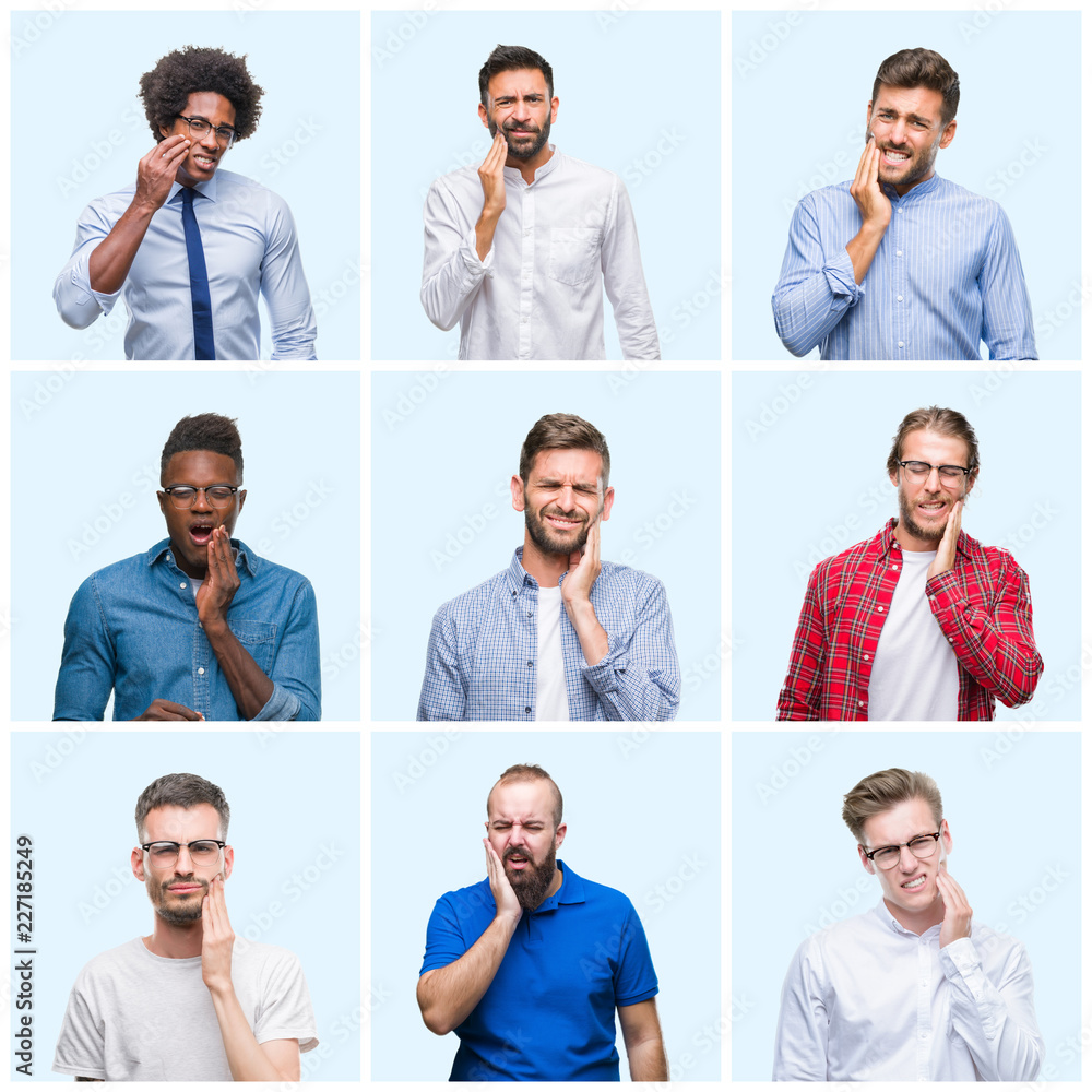 Fototapeta premium Collage of group of business and casual men over isolated background touching mouth with hand with painful expression because of toothache or dental illness on teeth. Dentist concept.