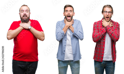Fotografía Collage of group of young men over isolated background shouting and suffocate because painful strangle