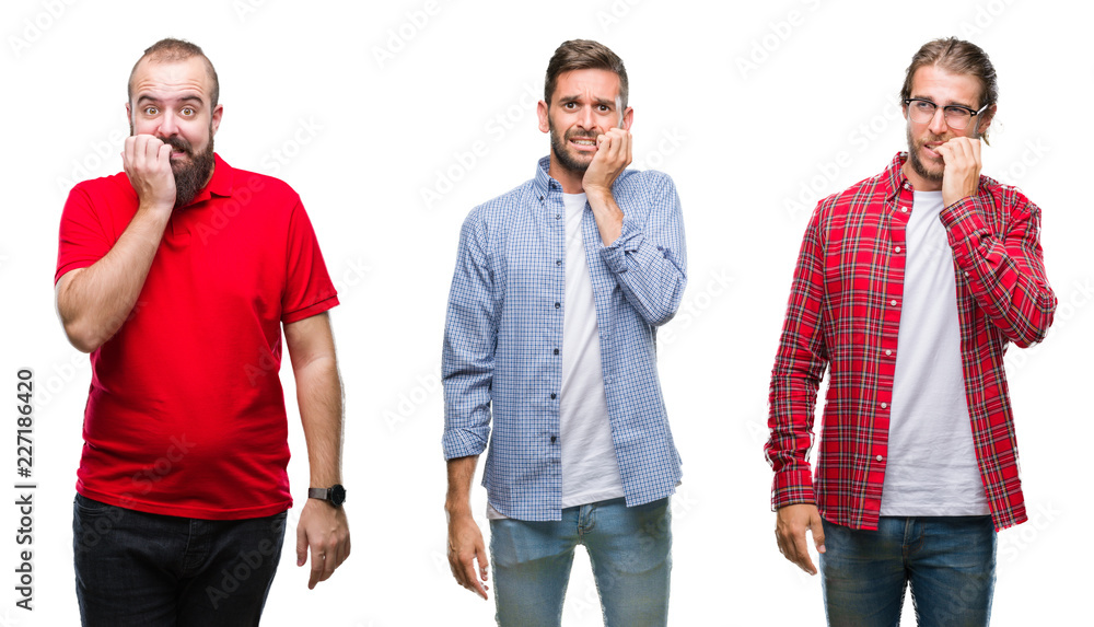 Obraz premium Collage of group of young men over isolated background looking stressed and nervous with hands on mouth biting nails. Anxiety problem.