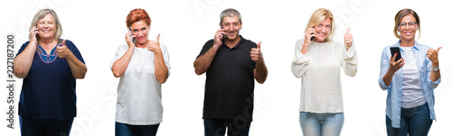 Collage of group of middle age and senior people using smartphone over isolated background happy with big smile doing ok sign, thumb up with fingers, excellent sign